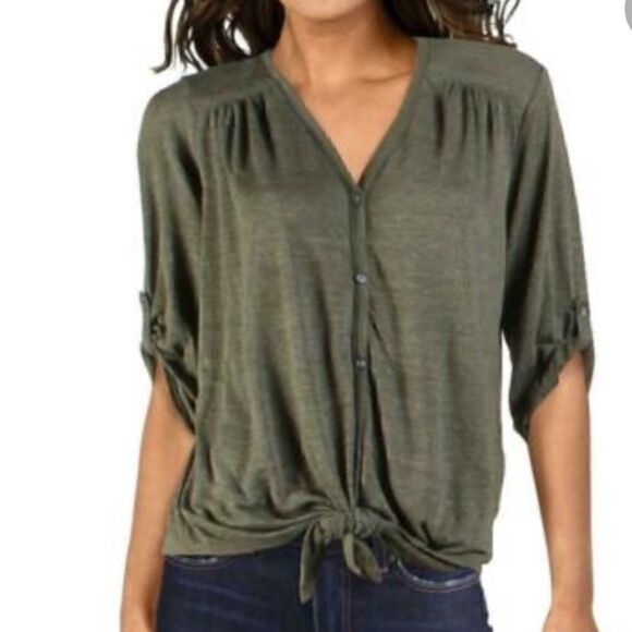 Max Studio Button Down Gray Front Tie Small Relax Fit Casual Lightweight - Picture 2 of 9